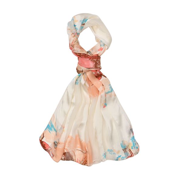 LA MAREY 100% Maulbeerseiden Schal, Apricot und wei&szlig;