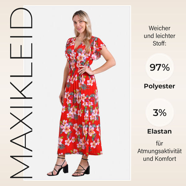 Gesmokter Maxikleid mit Volantärmeln, Rosa und rotes mit Blumenmuster, Einheitsgröße image number 2
