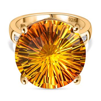 Sphaleros Quarz, Wei&szlig;er Zirkon Konkavschliff Ring, 925 Silber 750 Gelbgold Vermeil (Gr&ouml;&szlig;e 16.00) ca. 14.44 ct