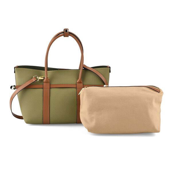 Leder Shopper Set 2 teilig mit Magnetfach und Rei&szlig;verschlussfach 35 x 11 x 20 cm Gr&uuml;n Braun