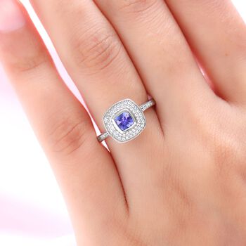 AA Tansanit und wei&szlig;er Zirkon-Ring, 925 Silber platiniert  ca. 0,74 ct