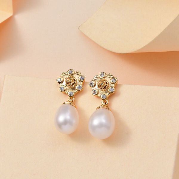 S&uuml;&szlig;wasser Perle und wei&szlig;e Zirkon Ohrringe image number 1