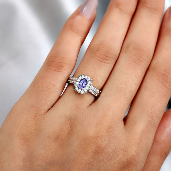 Tansanit und Zirkon Halo Ring 925 Silber Platin-&Uuml;berzug image number 3