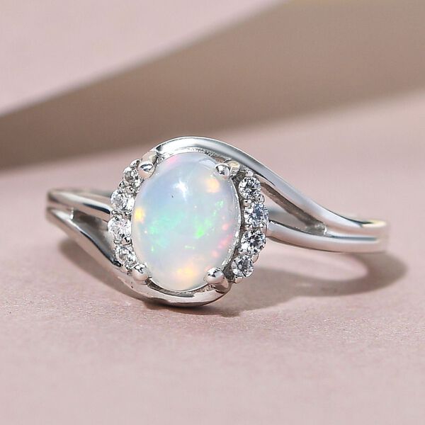 Nat&uuml;rlicher, &auml;thiopischer Opal und wei&szlig;er Zirkon-Ring, 925 Silber platiniert  ca. 1,01 ct image number 2