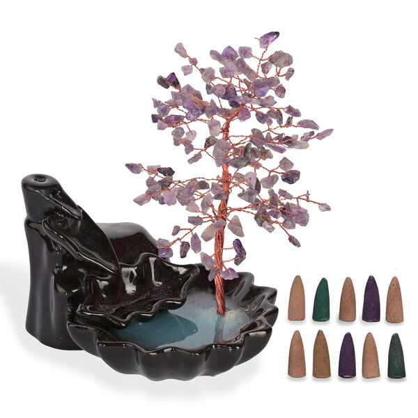 "Amythyst Backflow Incense Burner With  Crystal Tree Back Flow Incense Holder With 30 Incense Cones Size:- 18 X 10 X 20 Cms Color- Purple"