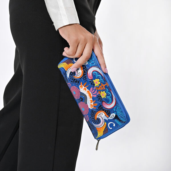 Handbemalte Leder Geldb&ouml;rse RFID, Blau, 22.8 x 2.5 x 12.7 cm image number 4