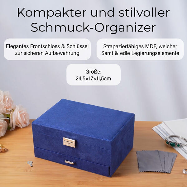 3-schichtige Schmuckbox aus Samt mit 5 Silberputztüchern in Dunkelblau, 24,5x17x11,5cm image number 2