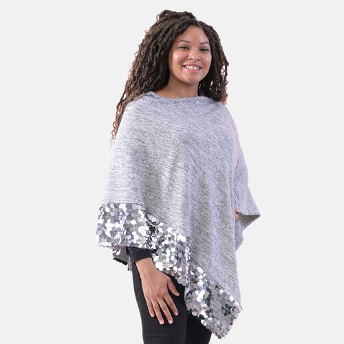 TAMSY: Poncho mit Pailletten-Bordüre, Einheitsgröße, Grau  image number 0