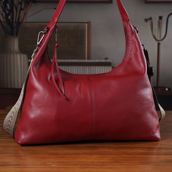 Echtleder-Hobo-Bag mit abnehmbarem Schulterriemen, 41x10x35 cm, Weinrot image number 4