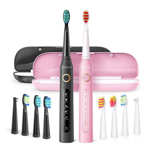 2er-Set elektrische Zahnbürste mit 2 Reisetaschen und 8 Bürstenköpfe, Schwarz und Rosa image number 0