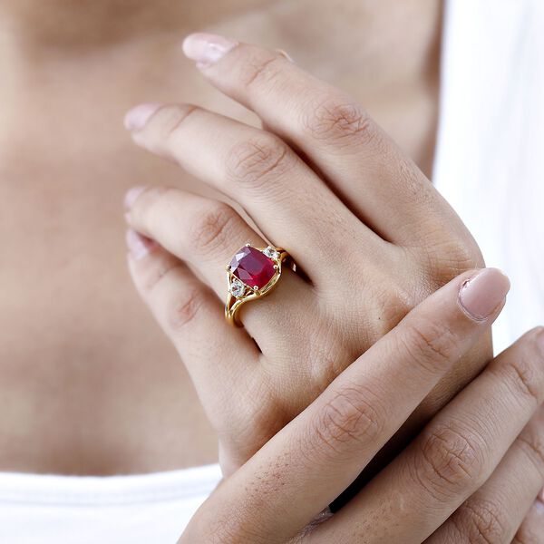 Afrikanischer Rubin (Fissure gef&uuml;llt), Wei&szlig;er Zirkon Ring, 925 Silber Gelbgold Vermeil (Gr&ouml;&szlig;e 16.00) ca. 4.78 ct image number 3