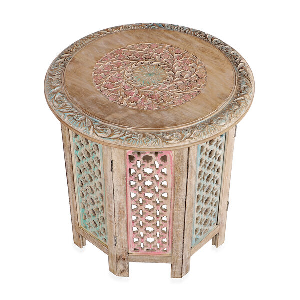 NAKKASHI - handgeschnitzter klappbarer Beistelltisch aus Mangoholz, 45x45 cm, wei&szlig; lackiert image number 2