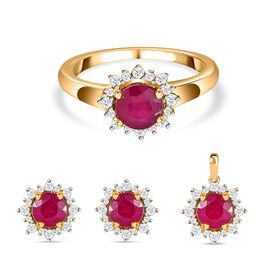 3er Set - Afrikanischer Rubin (Fissure gefüllt) Ring, Anhänger und Ohrringe, 925 Silber Gelbgold Vermeil, ca. 7.46 ct