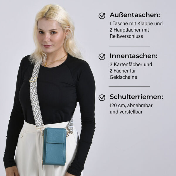 Crossbody-Handytasche mit RFID-Schutz und gemustertem Trageriemen, 19x6x11 cm, Türkis image number 3