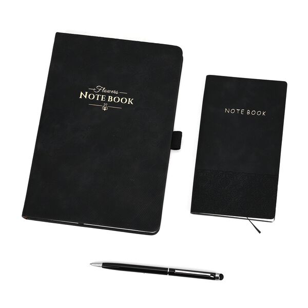 Premium Set; Notizbuch und Taschentagebuch mit geschnitztem, samtigem Hardcover und Kugelschreiber, Schwarz image number 0