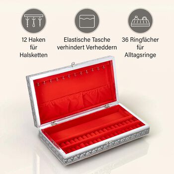 Handgefertigte, oxidierte Schmuckschatulle mit Elefanten-Pr&auml;gung, 38x20x7,6 cm, Silber