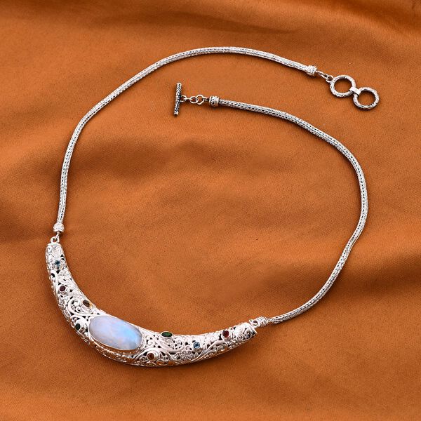 Regenbogen Mondstein, Roter Granat Halskette ca. 50 cm 925 Silber ca. 18.43 ct image number 1