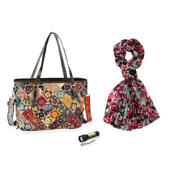 Chaos by Elsie Echtleder Crossbody Tasche im Blumenmuster mit RFID-Schutz und Mini-Taschenlampe und LA MAREY 100% Chiffon-Maulbeeren-Seidenschal image number 0