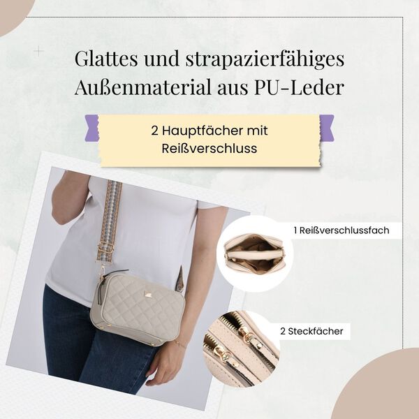 Crossbody-Tasche in Stepp-Optik mit abnehmbarem ethnischem Gurt, 21x13x7,5cm, Beige image number 3