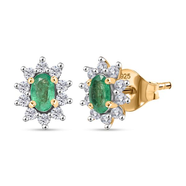 AA Kagem Sambischer Smaragd, Wei&szlig;er Zirkon Ohrringe 925 Silber 750 Gelb Vergoldet ca. 0.87 ct