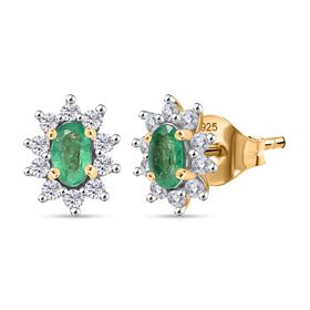 AA Kagem Sambischer Smaragd, Weißer Zirkon Ohrringe 925 Silber 750 Gelb Vergoldet ca. 0.87 ct AA Kagem Sambischer Smaragd, Weißer Zirkon Ohrringe 925 Silber 750 Gelb Vergoldet ca. 0.87 ct