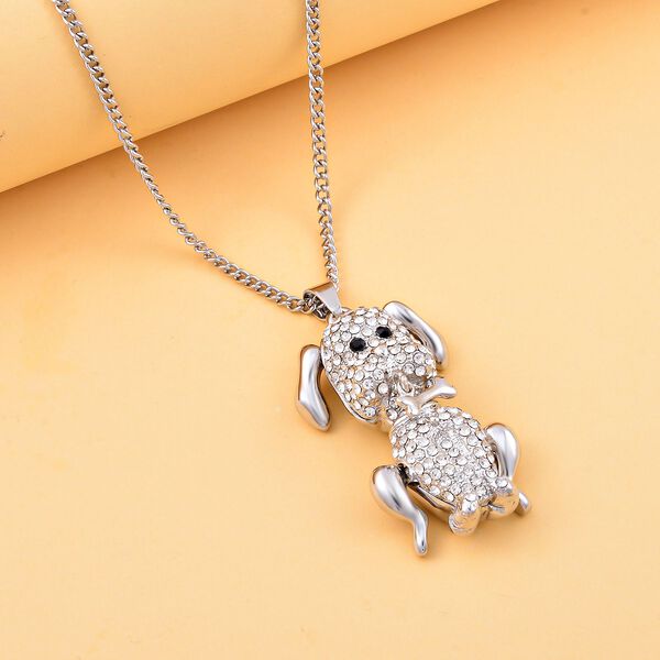 Glitzernder schwarz-wei&szlig;er Kristall-Anh&auml;nger mit beweglichem Hund und Kette image number 2