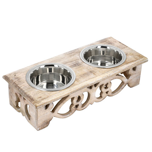 NAKKASHI Haustier-Futternapf aus Mangoholz mit 2 Edelstahl-Schüsseln image number 0