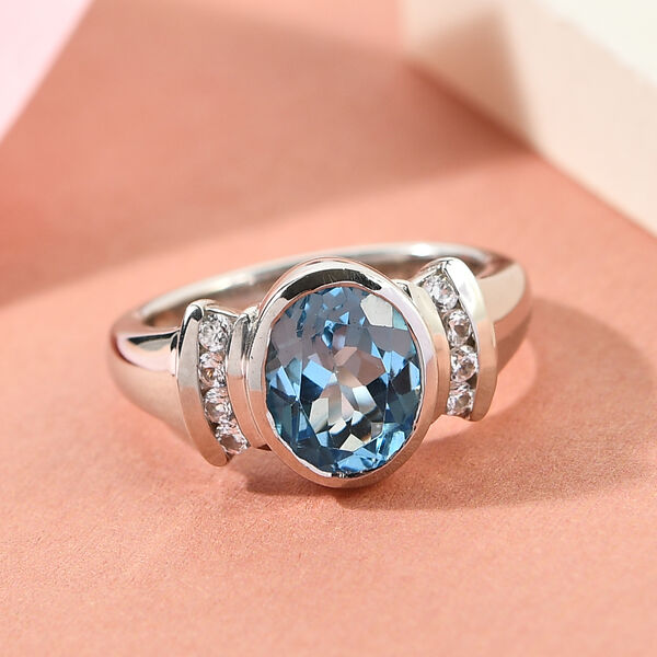 Schweizer Blautopas und Zirkon Ring 925 Silber Platin-&Uuml;berzug image number 2