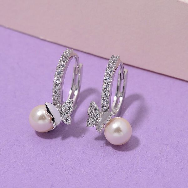 Weiße Zirkonia und Muschelkernperle Ohrringe, 925 Silber rhodiniert image number 2