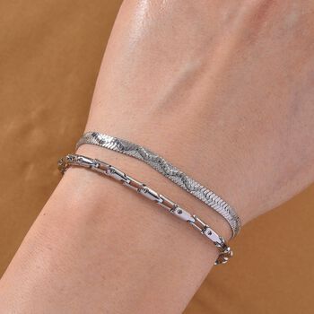 2er-Set Armb&auml;nder, Edelstahl, Bambus-Design und Schlangenarmband-Optik, Silberfarben, ca. 19 cm