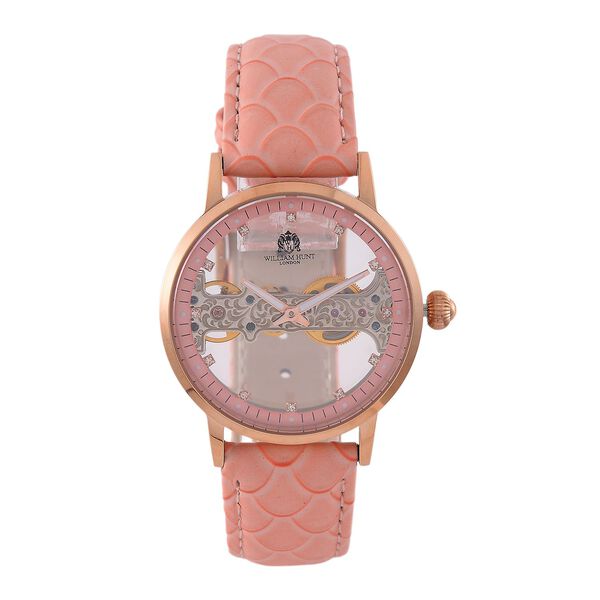 William Hunt Automatik-Uhr, Hohles Zifferblatt mit wei&szlig;en Kristallen, rosa Lederarmband, 5ATM wasserdicht