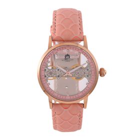 William Hunt Automatik-Uhr, Edelstahlgehäuse, Hohles Zifferblatt mit weißen Kristallen, rosa Lederarmband, 5ATM wasserdicht