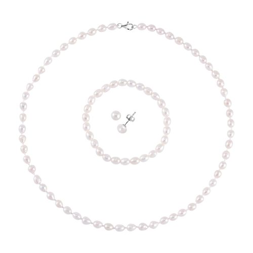 3er-Set- weiße Süßwasserperlen-Halskette, -Armband und -Ohrringe image number 0