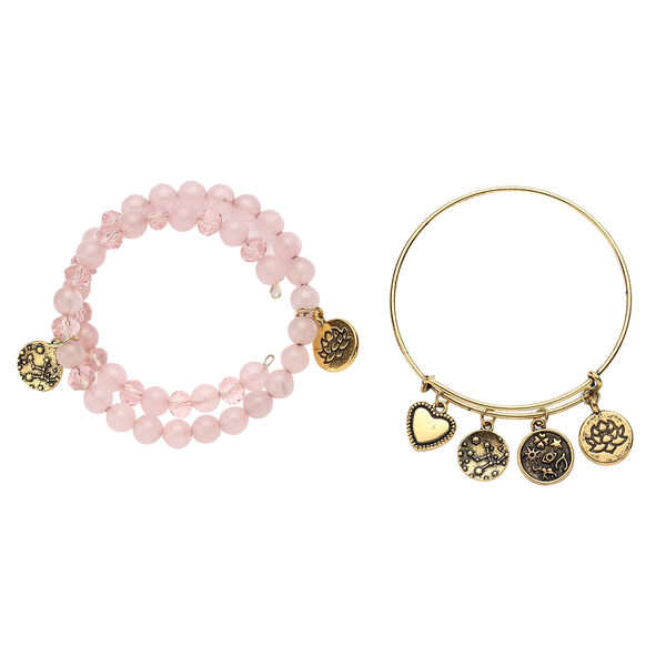 2er- Set Rosenquarz und Glas-Armreif, ca. 17 -19 cm, goldfarben ca. 157,50 ct