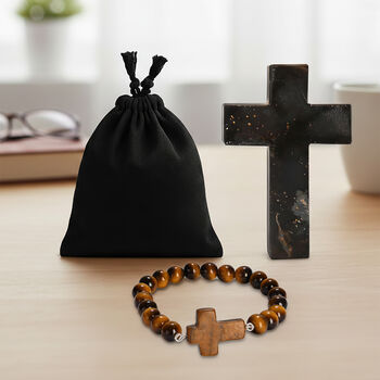 "Livmore  Set of 2 Tiger Eye Gemstone Cross  With Bracelet With Cross Charm Size - 3 Inch  Weight - 46 Gm  Color- Blue"