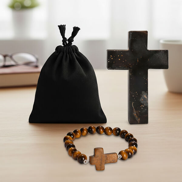 "Livmore  Set of 2 Tiger Eye Gemstone Cross  With Bracelet With Cross Charm Size - 3 Inch  Weight - 46 Gm  Color- Blue" image number 1