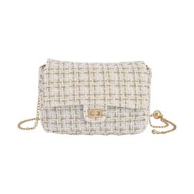 Schultertasche aus 100% echtem Leder mit Boucle Stoff und verstellbares Metallriehmen, 24x14x8 cm, Elfenbein