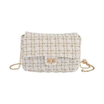 Schultertasche aus 100% echtem Leder mit Boucle Stoff und verstellbares Metallriehmen, 24x14x8 cm, Elfenbein