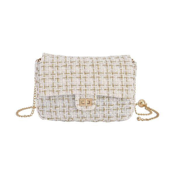 Umh&auml;ngetasche aus 100% echtem Leder mit Boucl&eacute;-Stoff, Elfenbein