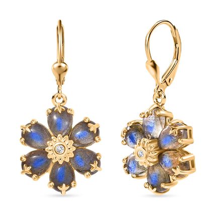 D'Joy AAA Labradorit, Wei&szlig;er Zirkon Ohrringe 925 Silber 750 Gelb Vergoldet ca. 9.15 ct