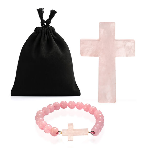 "Livmore  Set of 2 Rose Quarts Gemstone Cross  With Bracelet With Cross Charm Size - 7.62 Inch  Weight - 46 Gms Color- Pink "