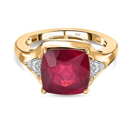 Afrikanischer Rubin (Fissure gef&uuml;llt), Moissanit Ring, 925 Silber Gelbgold Vermeil (Gr&ouml;&szlig;e 20.00) ca. 6,94 ct