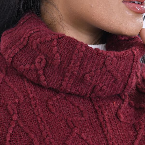 LA MAREY - gestrickter Halskragen Poncho mit Fransen, One Size, Burgunderrot image number 4