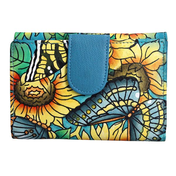 SUKRITI - handbemalte Bi-Fold Geldbörse aus echtem Leder mit RFID Schutz, Schmetterling, 14x9,52 cm, Türkis image number 5
