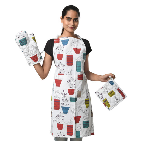 100% Baumwolle K&uuml;chen-Set, Sch&uuml;rze, Handschuh und Topflappen, Blumenvasen, 3 tlg. image number 2