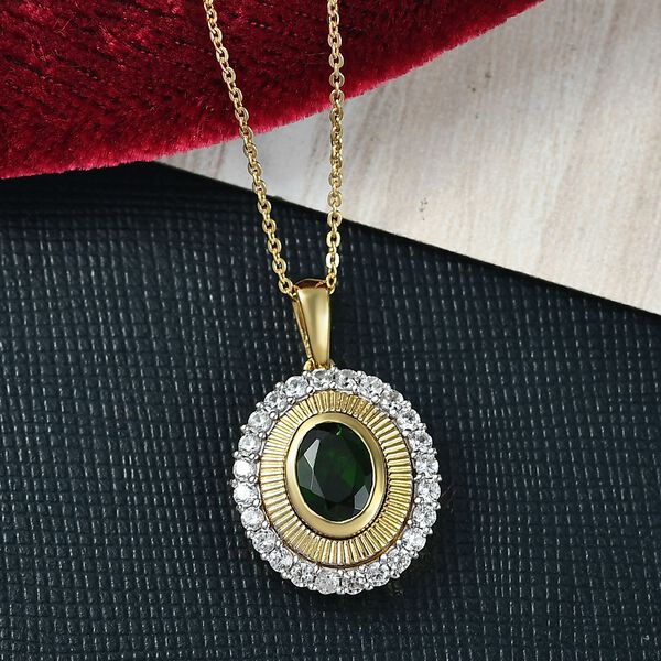 D'joy Nat&uuml;rlicher Chromdiopsid, Wei&szlig;er Zirkon Anh&auml;nger mit Kette, 925 Silber 750 Gelbgold Vermeil ca. 2.07 ct image number 2