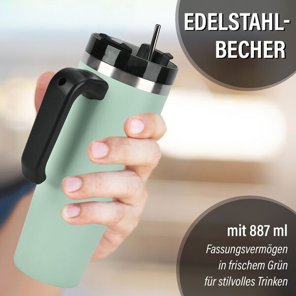 887 ml Edelstahlbecher mit Strohhalm in Gr&uuml;n image number 1
