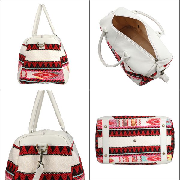 Stilvolle Weekender-Tasche aus 100% echtem Leder mit handgewebtem Dekor, weiß image number 6