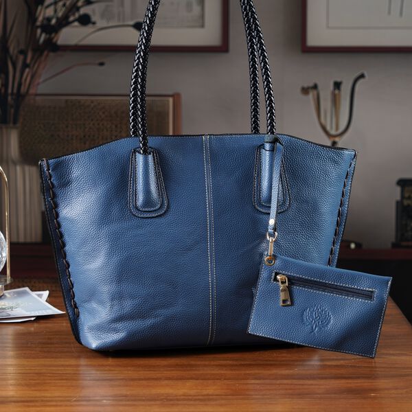 2er-Set Echtleder-Shopper, stilvolle Handtaschen mit passendem Rei&szlig;verschluss-Etui, Blau image number 2