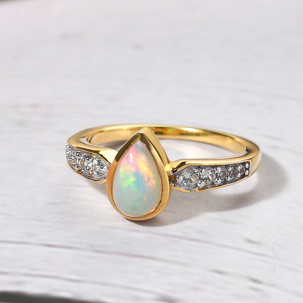 Natürlicher, äthiopischer Opal und weißer Zirkon-Ring, 925 Silber vergoldet  ca. 0,80 ct image number 2
